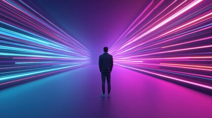 Figure stands before a split of pink and blue lights