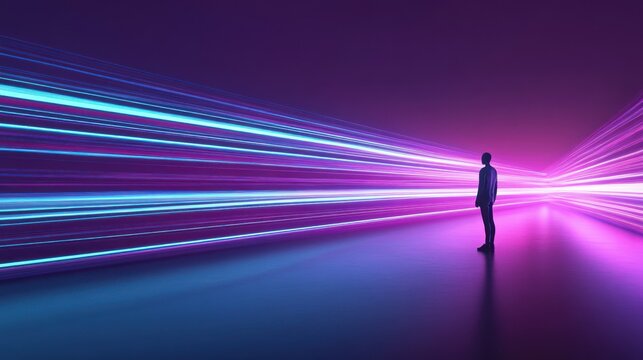 Solitary figure amidst rushing light beams