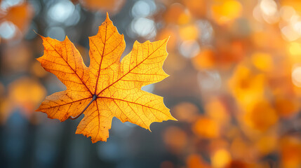 Obraz premium Yellow autumn leaf close-up. With a blurred bokeh background, a bright orange tree changes.