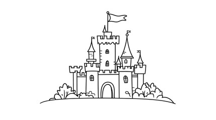 Obraz premium A simple, minimalist castle with a flag flying at the top, clean cartoon outlines ideal for a kids' coloring page.