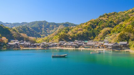 Fototapeta premium Serene Coastal Village in Ancient Medieval Japan - Ultra-Detailed Landscape of Traditional Fishing Boats and Colorful Houses by Mountains Under Clear Sky