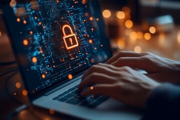 Close-up of someone typing on a laptop with a padlock symbol on the screen at night