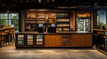 Modern bar interior with wooden counter, shelves stocked with bottles, and a POS system.