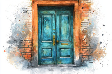 A vibrant blue door framed by a rustic orange border, set against a textured wall, combining artistic watercolors and brick elements.