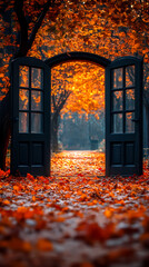 An autumn nature background with colorful leaves in a vintage color open door