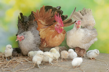 Two hens and a rooster are foraging in a pile of dry grass with their newly hatched chicks. Animals that are cultivated for their meat have the scientific name Gallus gallus domesticus.
