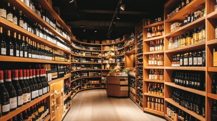 Rows of wine bottles on wooden shelves in a well-lit wine cellar.