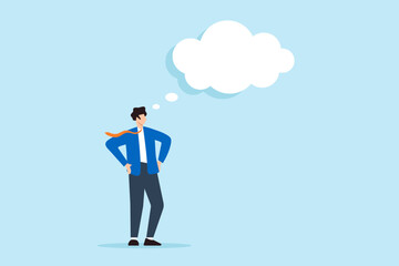 Flat illustration of smart businessman contemplates big dreams in thought bubble imagining solutions to change world