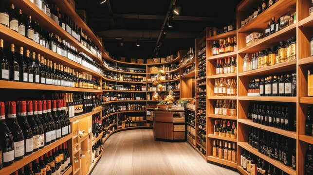 Rows of wine bottles on wooden shelves in a well-lit wine cellar.