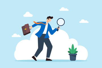 Flat illustration of businessman uses magnifying glass to search for job vacancies finding resources for career development