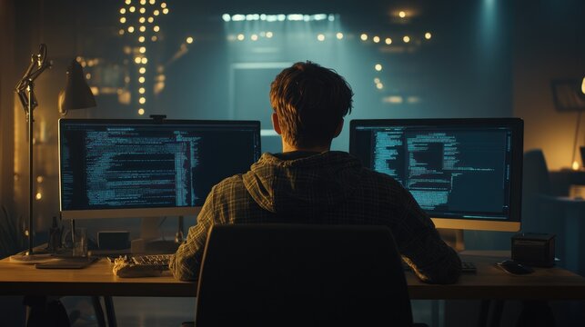 Developer coding in dimly lit home office workspace