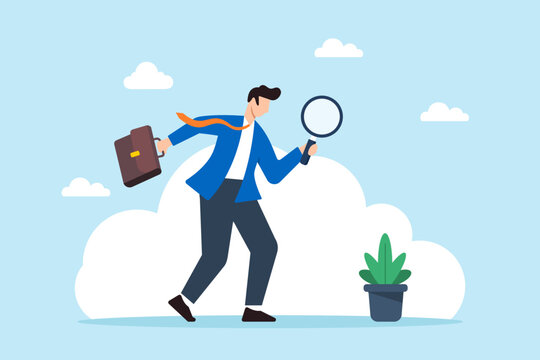 Flat illustration of businessman uses magnifying glass to search for job vacancies finding resources for career development