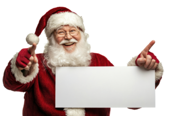 Santa Claus joyfully pointing to a big blank sign with one hand, offering space for personalized Christmas advertisements or festive announcements