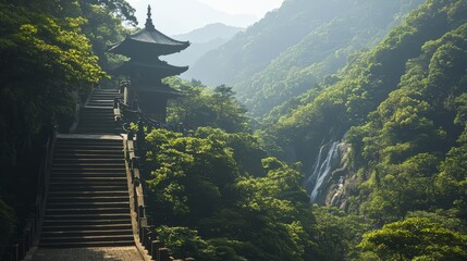 Tranquil Path to Secluded Shrine in Ancient Japanese Mountain Landscape with Waterfall Sound | Ultra-Detailed Photo