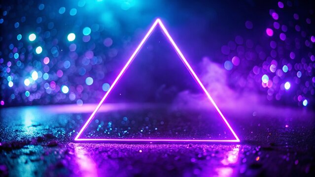 Abstract neon background, starry sky dream metaphor, triangular pyramid and steps, glowing pink blue light, cosmic universe. A vibrant neon triangle stands out against a blurred purple background