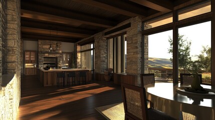 Modern kitchen with large windows overlooking a valley landscape.  A wood dining table is set for a...