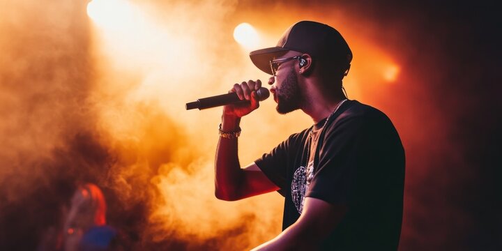 Energetic rapper captivating audience with fiery passion