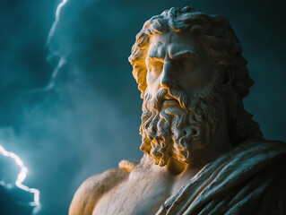 Marble Statue a stoic philosopher sitting on a throne thinking, Male stoic statue looking out to the city
