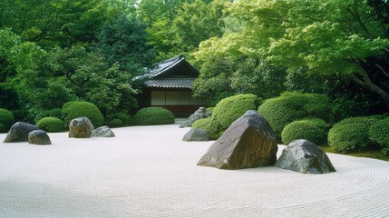 Fototapeta premium Serene Zen Rock Garden at an Ancient Japanese Tea House in a Medieval Landscape