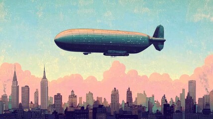 Naklejka premium A large, silver airship flies over a cityscape with pink and blue clouds in the sky.