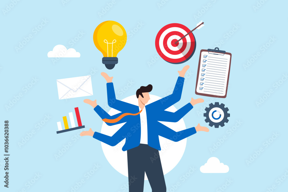 Poster flat illustration of smart businessman with multiple hands manages project while implementing strate
