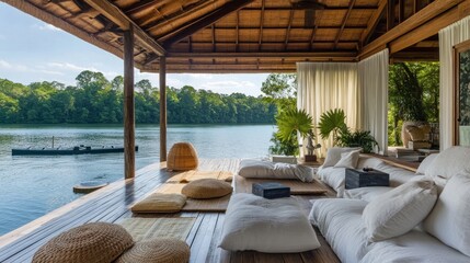 Fototapeta premium A relaxing living area with white cushions and a view of a lake and lush green trees.