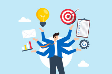 Flat illustration of smart businessman with multiple hands manages project while implementing strategic plan for development © VZ_Art