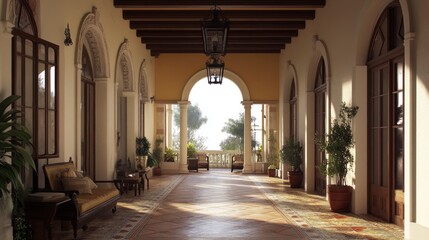 Fototapeta premium A sunlit, tiled hallway with arched doorways leading to an outdoor patio.