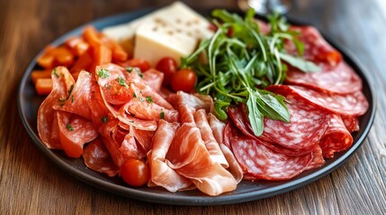 Gourmet Charcuterie Board with Prosciutto, Salami, Cheese and Fresh Vegetables, Food Background