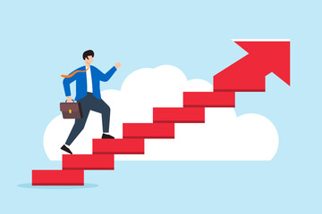 Flat illustration of businessman walks up arrow stairs symbolizing steps to success and career growth