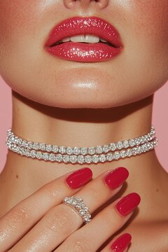 Elegant female beauty model with multiple identical hands, long red nails, wearing diamond rings and choker necklace, posing for jewelry brand photoshoot, soft pink wallpaper background