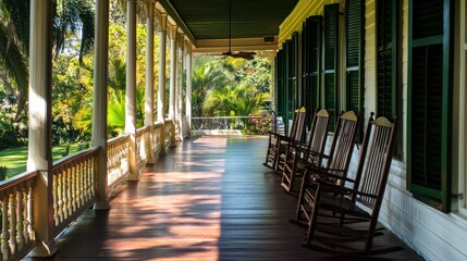 Fototapeta premium A sunny porch with rocking chairs and a view of lush green foliage through large windows.