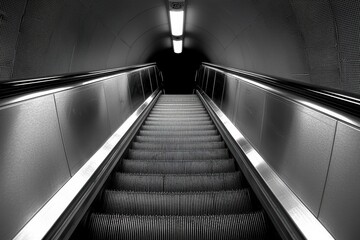 Obraz premium Exploring the Depths A Journey Upwards on a Modern Escalator in Black and White