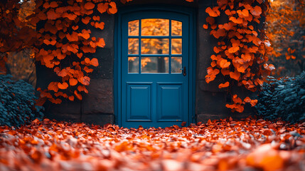 An autumn nature background with colorful leaves in a vintage color open door