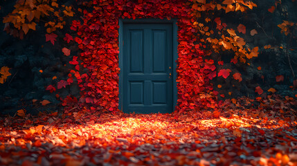An autumn nature background with colorful leaves in a vintage color open door