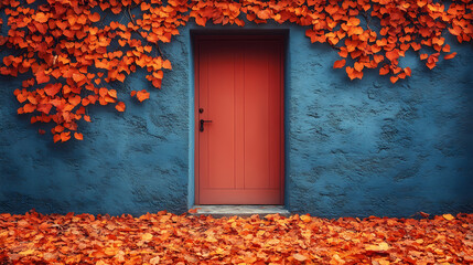An autumn nature background with colorful leaves in a vintage color open door