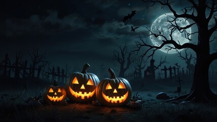 Three carved pumpkins with glowing faces sit in front of a spooky graveyard at night with a full moon in the background.