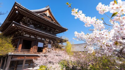 Naklejka premium Serene Beauty of Ancient Japan: Wooden Temple Amid Cherry Blossoms