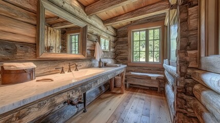 Rustic bathroom with white marble countertop and sink, wooden beams, window, and mirror.