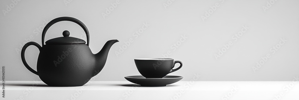Poster a black tea kettle sits beside an elegantly arranged cup and saucer on a minimalist table in a calm 