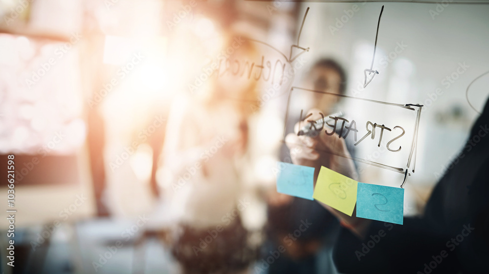 Poster Business woman, hand and strategy writing in a meeting at office with moodboard. Working, brainstorming and corporate team with sticky notes and networking strategy for problem solving and project