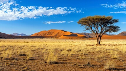 Naklejka premium A lone tree stands in a vast desert landscape with red sand dunes in the background and a blue sky with white clouds.