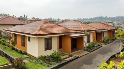 A row of three houses with brown tiled roofs, orange walls and a cobblestone driveway.  The houses have a tropical landscape with lush greenery and plants.