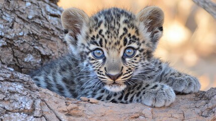 Fototapeta premium Adorable Leopard Cub Relaxing on a Tree Branch in its Natural Habitat