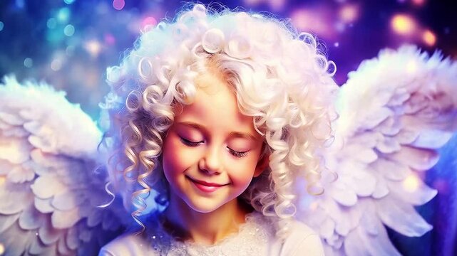 Portrait of a Little Angel Girl with Curly White Hair &ndash; Innocence and Purity.	