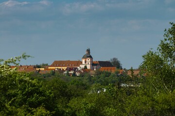 Obraz premium European village with church tower and greenery.