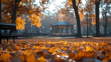 Orange fall leaves in park, autumn natural background