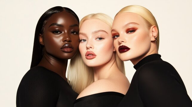 three female models, one white tan girl with straight dark brown hair, one brown girl with blonde straight hair, one plus size white girl with dark blonde hair, posing together