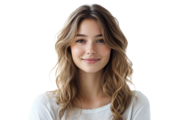 Confident young woman with wavy hair, casually dressed, facing the camera with a happy and welcoming expression.