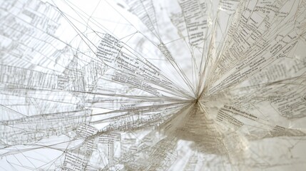 Abstract image of white cracked glass with black printed text underneath.